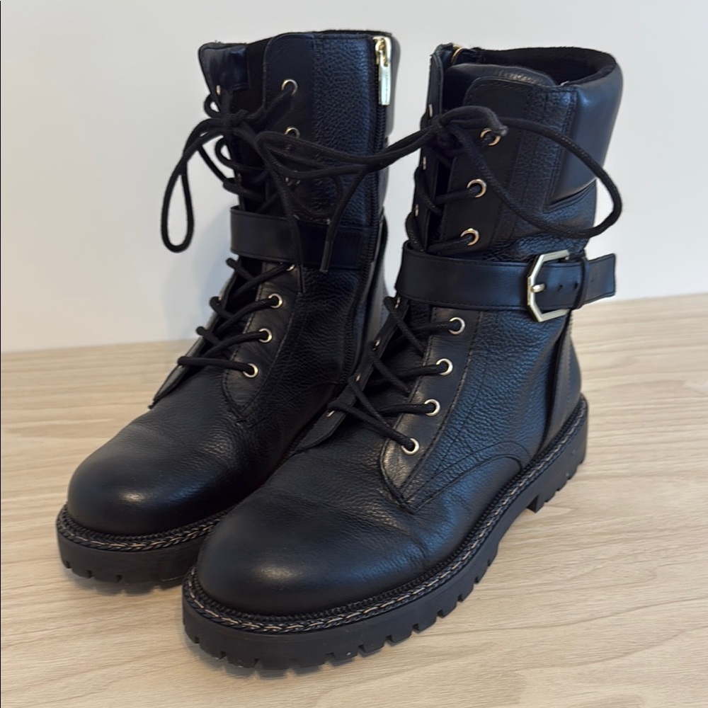 Vince Camuto Black Combat Boots with Sturdy Sole and Silver Buckle